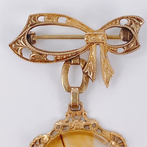 Vintage 1940s 12K Gold Filled Bow Brooch Gemstone Cabochon Mid Century Pin - Picture 14 of 14